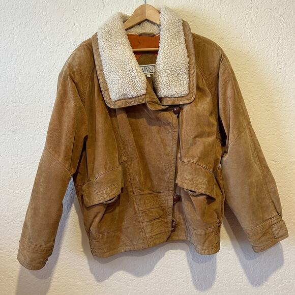 VTG 90s Avanti Suede Leather Bomber Jacket Oversized Sz L Sherpa Fleece Collar - Picture 1 of 16